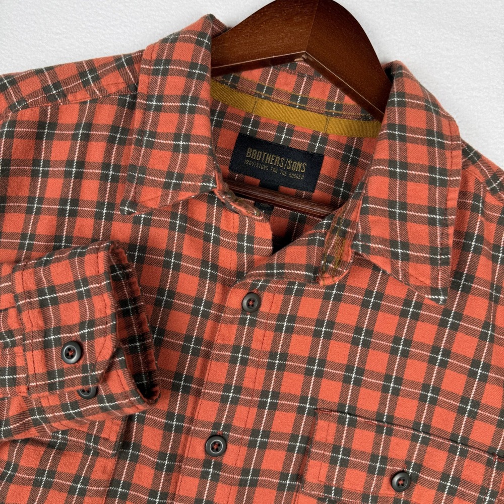 Brothers/Sons Mens M Orange Black Plaid Flannel Shirt Elbow Patches BASFA23FL02